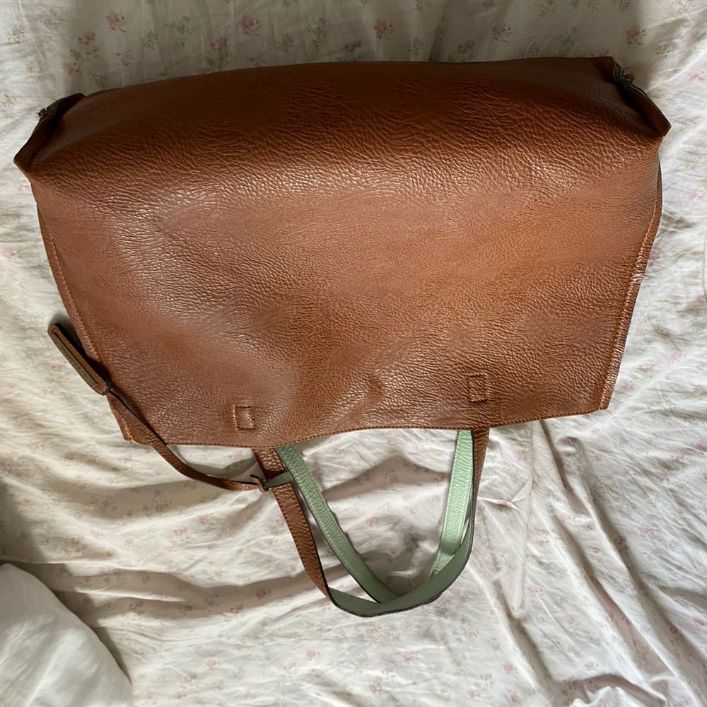 Brown/teal reversible tote bag